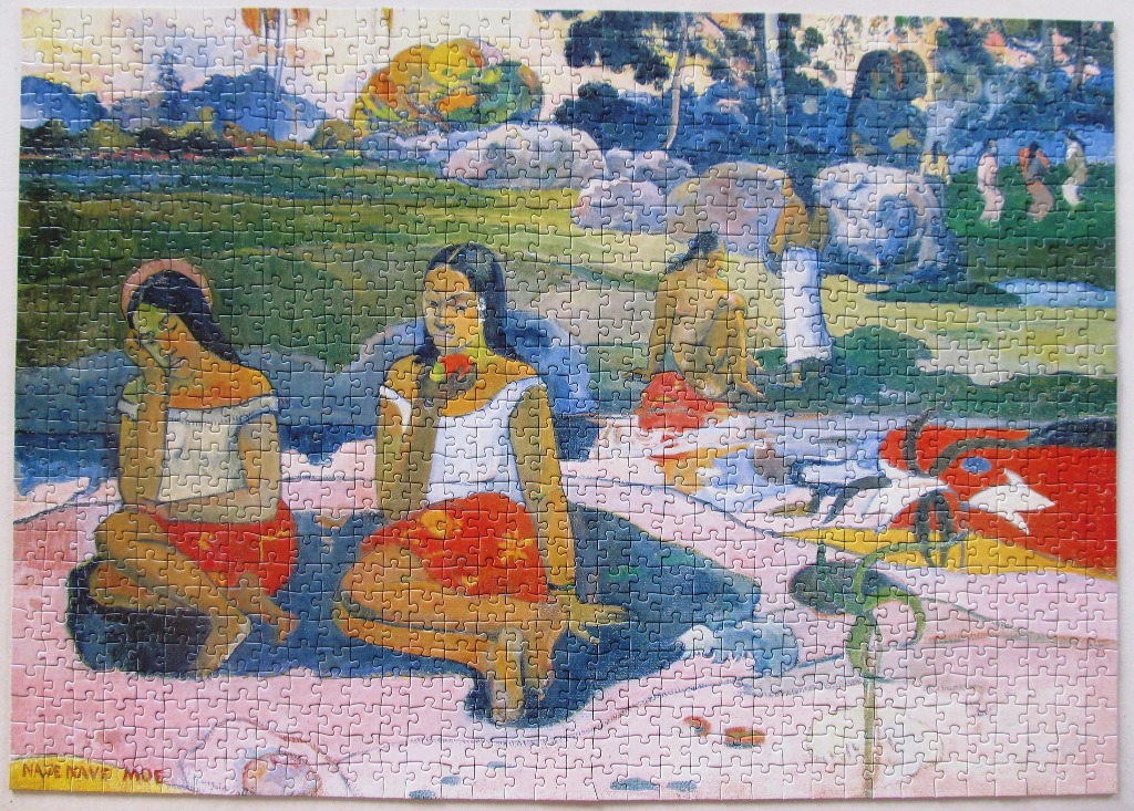 Painting titled Nave Nave Moe featuring two Tahitian women in the foreground and a lush tropical landscape behind them.