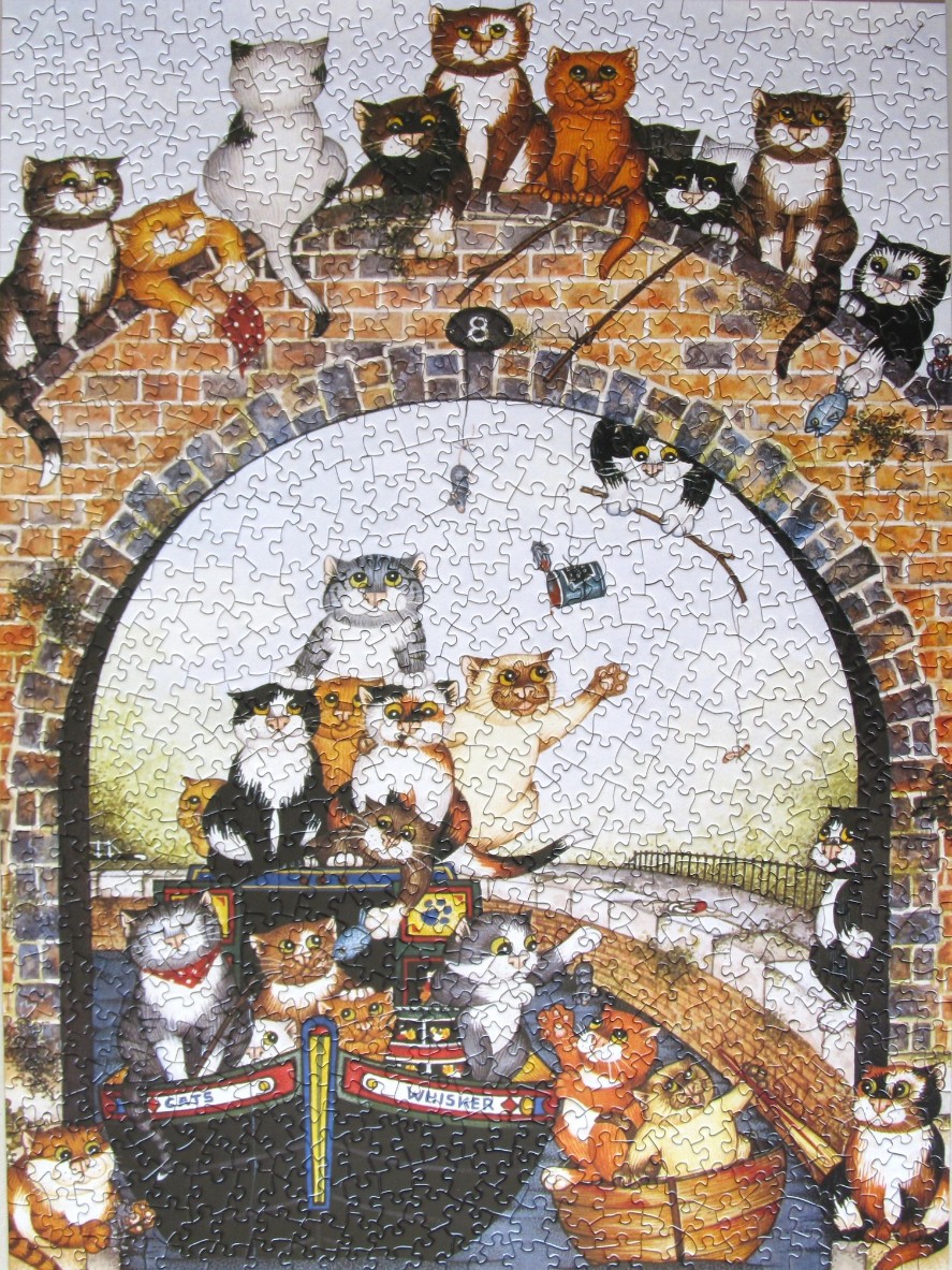 A whimsical illustration of many cats gathered around a canal bridge and a small boat.