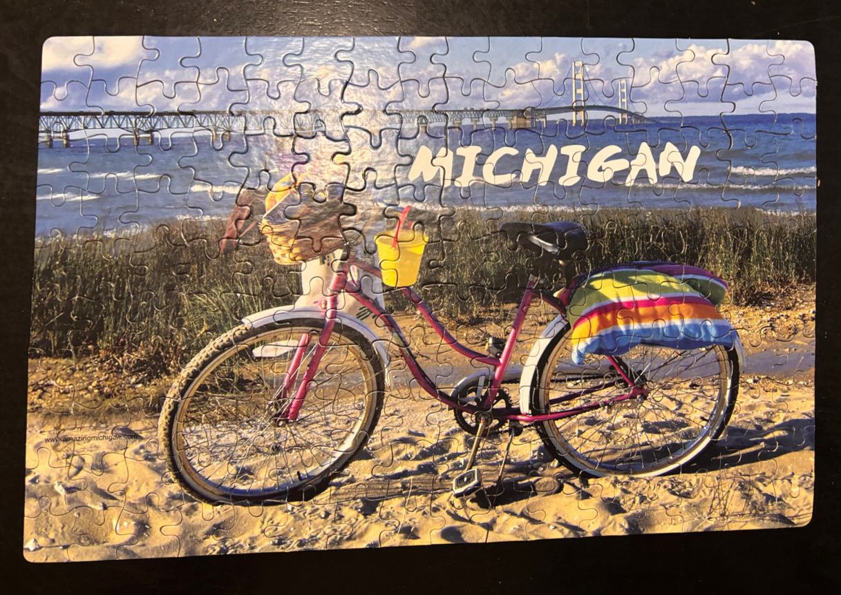 A pink beach cruiser bicycle parked on a sandy shore in Michigan with the Mackinac Bridge in the background.