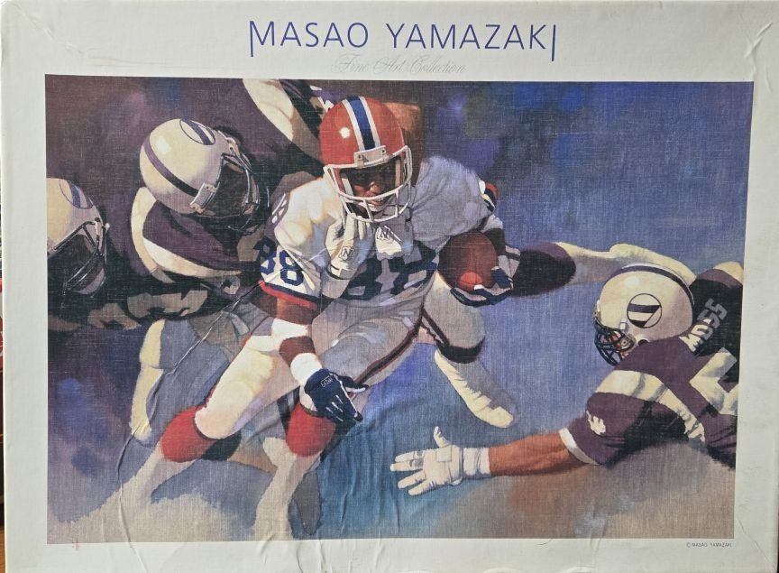 Painting of a football player in a white uniform running through a tackle by three opposing players in dark purple jerseys.