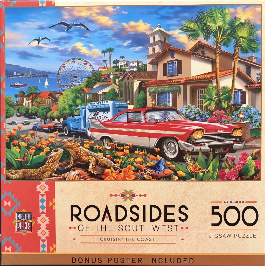 A sunny coastal scene featuring a classic red car, an ice cream truck, and two lizards in the foreground.