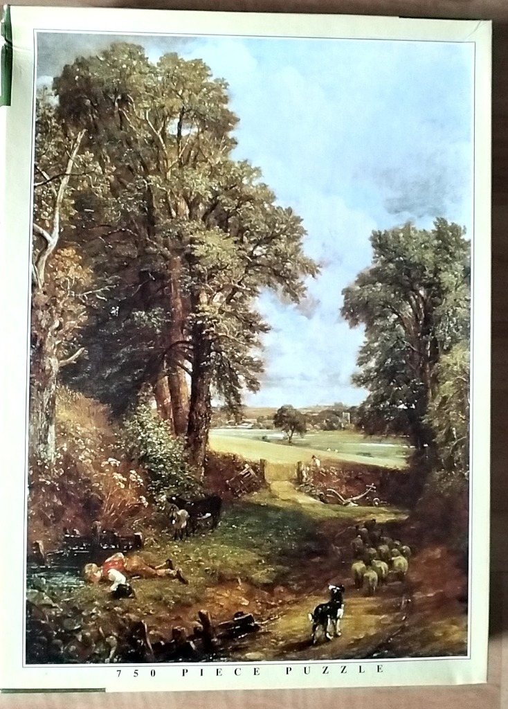 A pastoral landscape painting showing a boy resting by a stream, a herd of sheep, and a sheepdog near large trees.