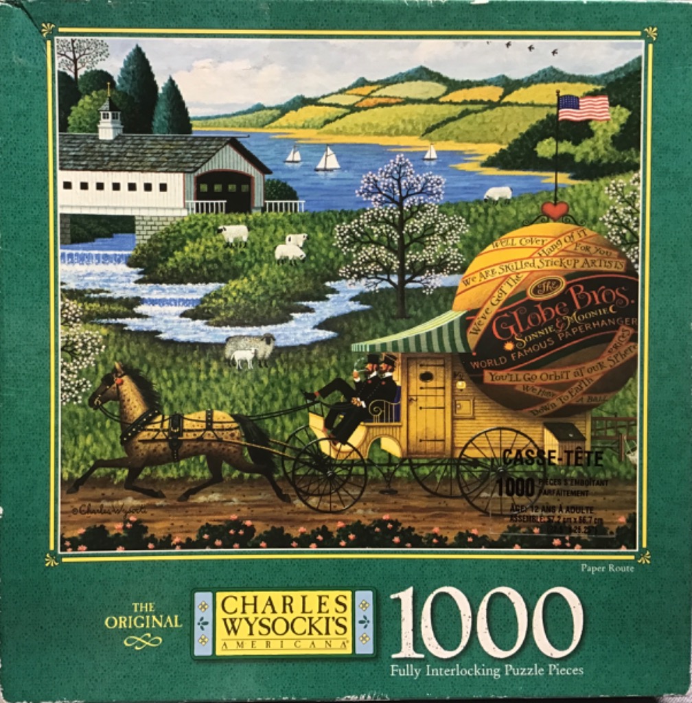 Folk art scene of a horse-drawn carriage shaped like a large globe traveling through a lush countryside.