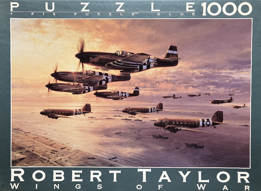 An oil painting showing a squadron of WWII fighter planes flying in formation over a coastline at sunset.