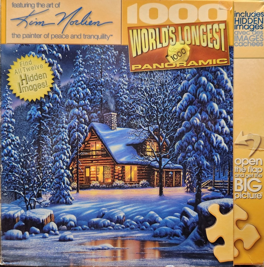 A cozy log cabin nestled in a snowy winter forest at dusk.