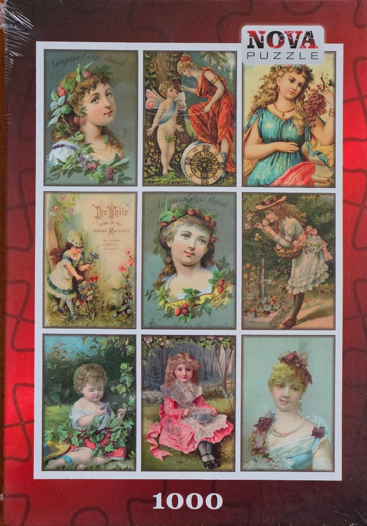 A collage of nine vintage-style illustrations featuring women and children in pastoral settings.