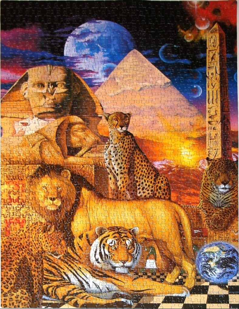 A surreal fantasy scene featuring Egyptian monuments, big cats, and celestial bodies.