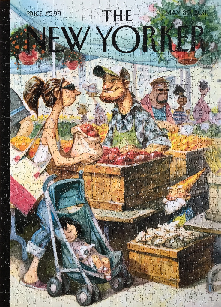 A caricature illustration of a farmer's market scene featuring a shopper, a vendor, and a baby in a stroller.