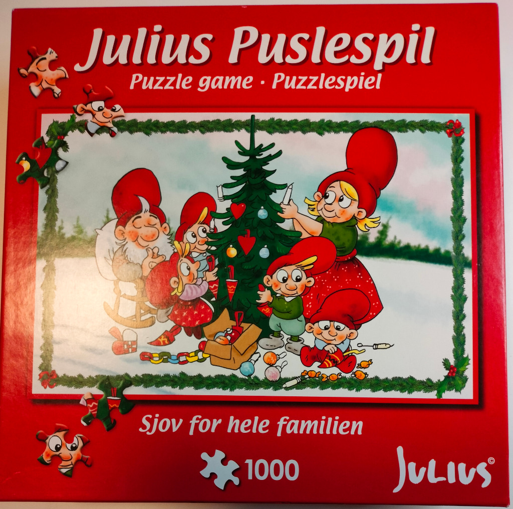 A cartoon illustration of a family of Christmas gnomes decorating a tree in a snowy landscape.