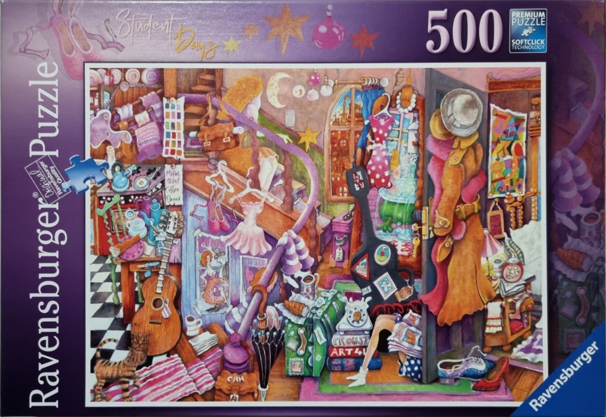 Whimsical illustration of a cluttered student bedroom filled with personal items, musical instruments, and a cat.