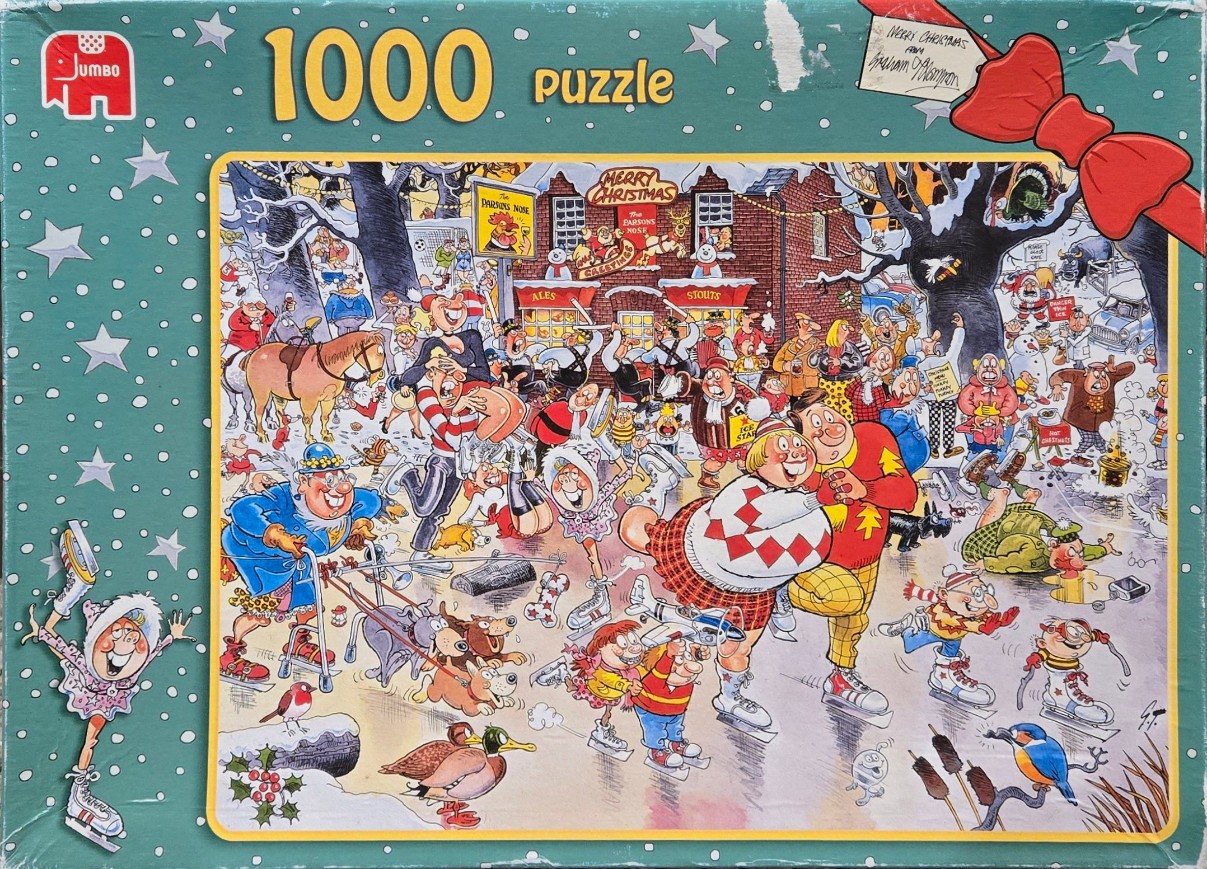 A humorous, densely populated winter scene set in front of a pub named The Parsons Nose, filled with skating cartoon characte