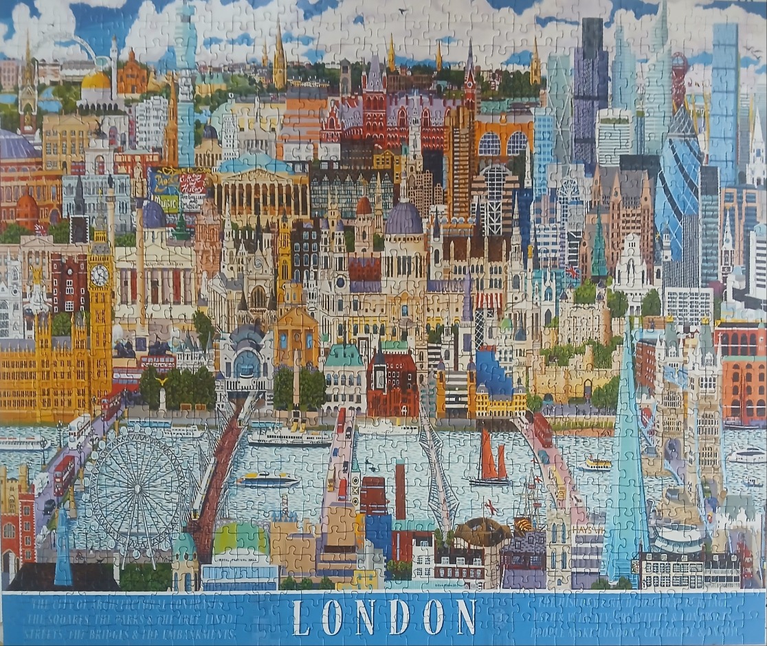 Panoramic illustration of the London skyline featuring iconic landmarks like Big Ben and the London Eye.