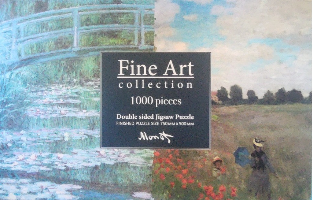 Split image featuring a Japanese bridge over a water lily pond and a woman and child in a poppy field, Impressionist style.
