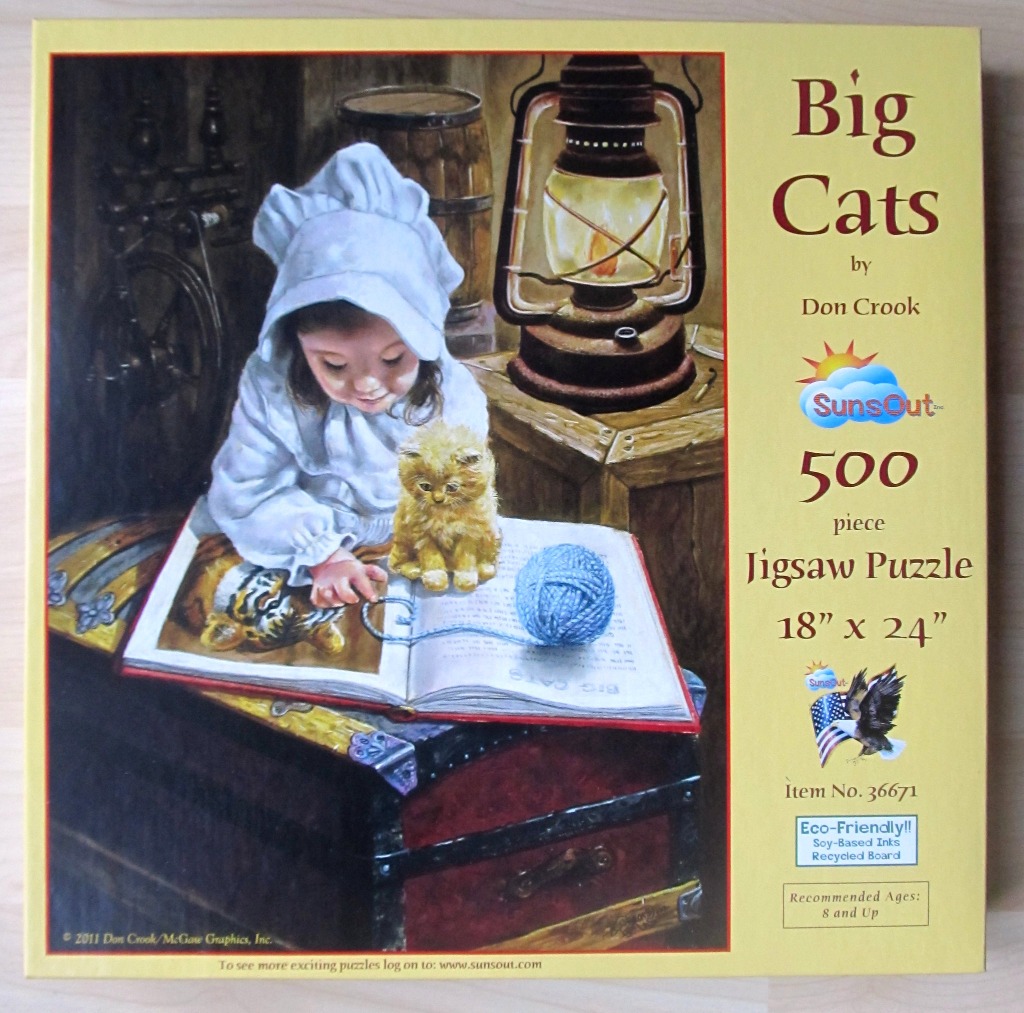 A young girl in a white bonnet reads a book about tigers with a small orange kitten nearby by candlelight.