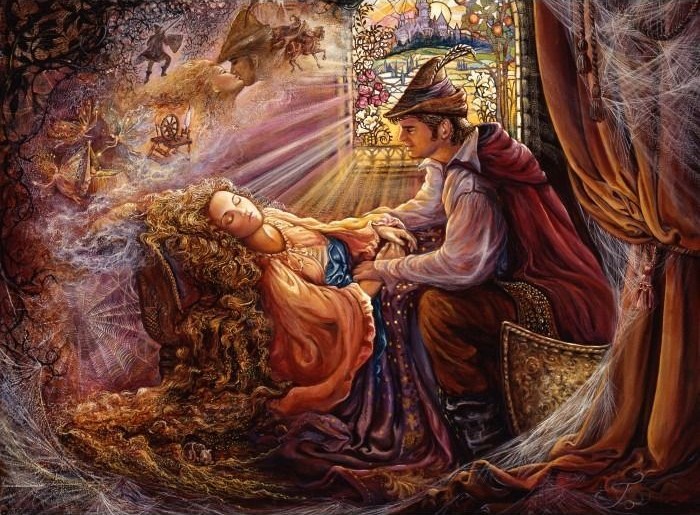 An illustration of a prince gazing at a sleeping woman surrounded by ethereal fairytale imagery.