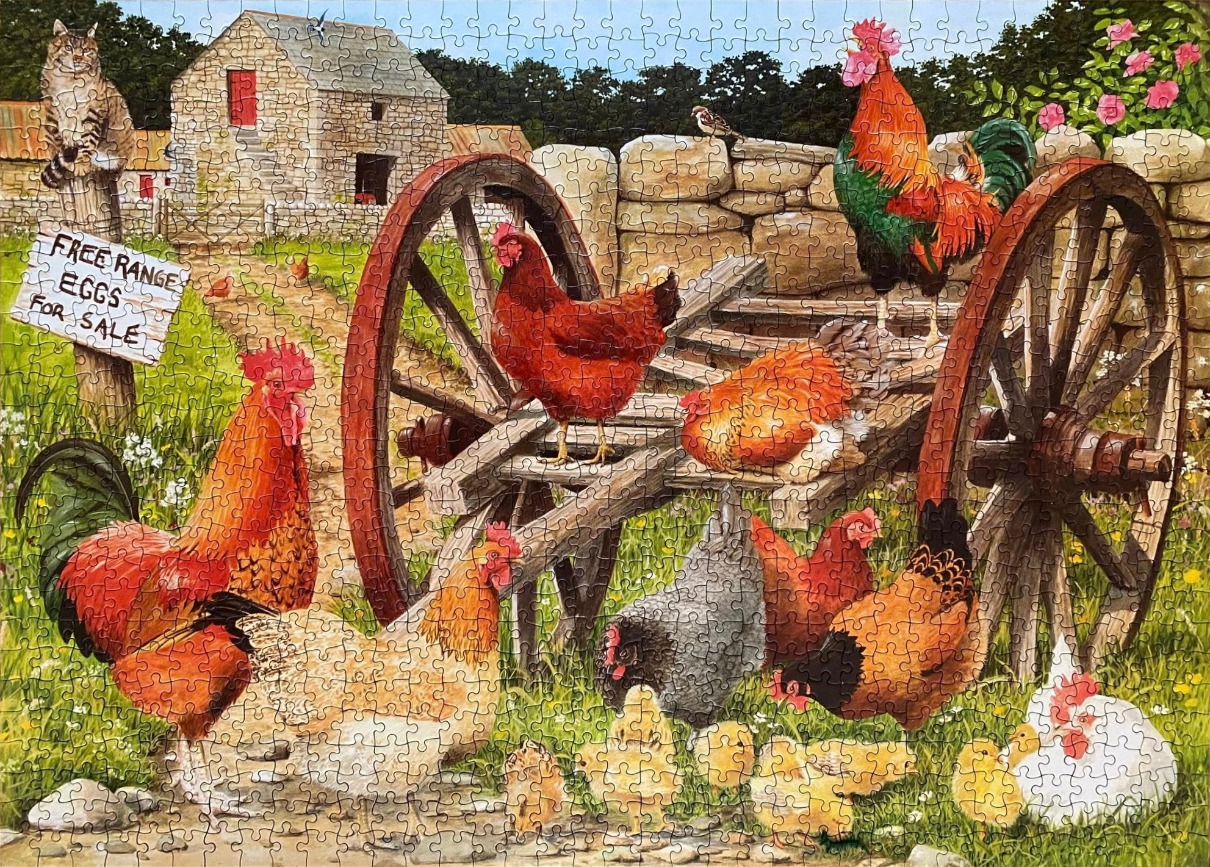 A rural farm scene with chickens, an old wooden cart, and a stone cottage