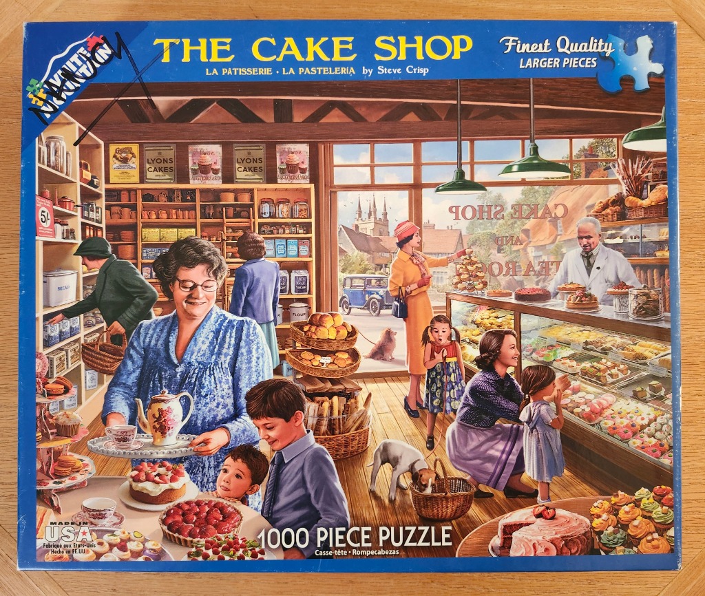 A nostalgic 1950s-style illustration of a bustling village cake shop with customers and a baker.