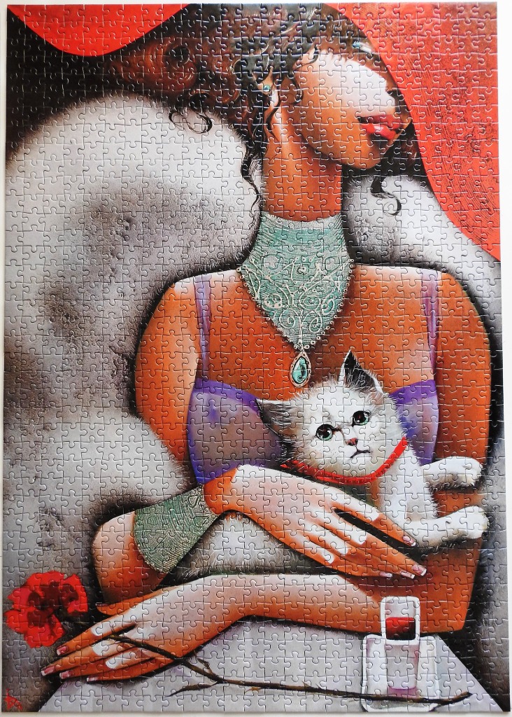 Stylized illustration of a woman in a purple top holding a fluffy white kitten against a background of red and gray.