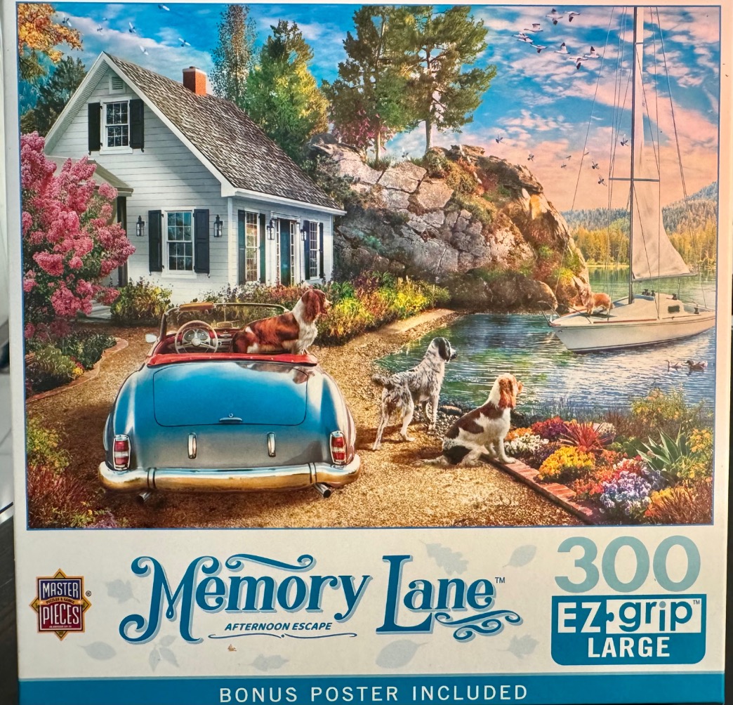 A serene lakeshore scene with a white cottage, a vintage blue convertible, three dogs, and a sailboat at sunset.