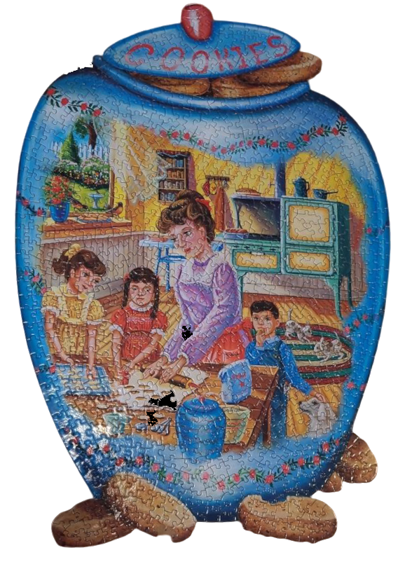 A whimsical illustration of a mother and three children baking cookies, framed inside the shape of a blue cookie jar.
