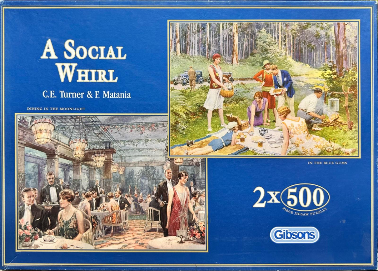 Two vintage-style illustrations showing a 1920s-era picnic in a forest and an elegant formal ballroom dinner scene.
