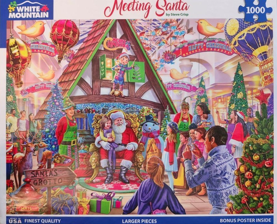 A detailed Christmas illustration of Santa Claus in a grotto surrounded by festive decorations and visitors.