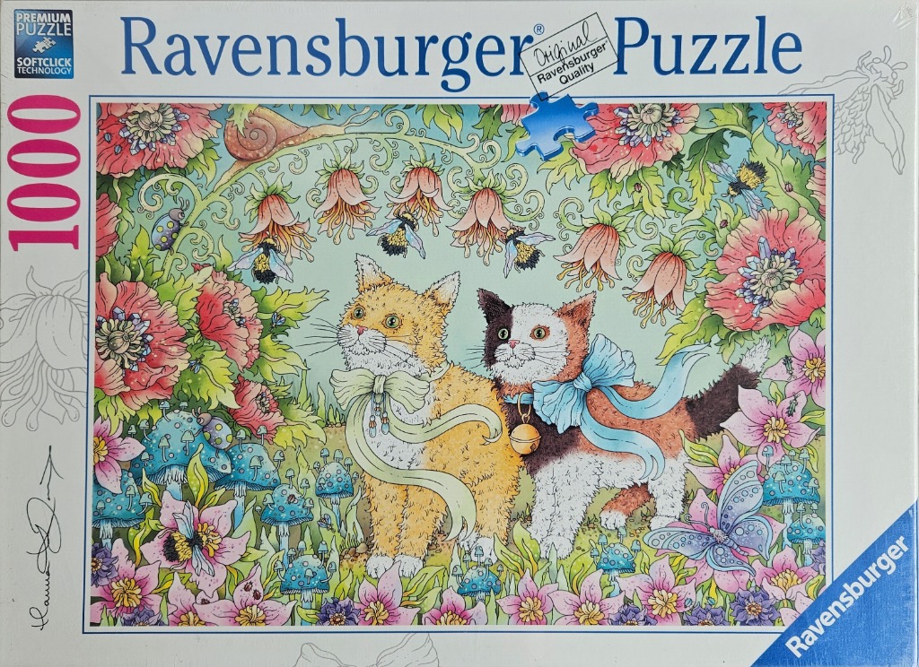 Two kittens sitting in a vibrant, whimsical garden filled with flowers, mushrooms, and insects.