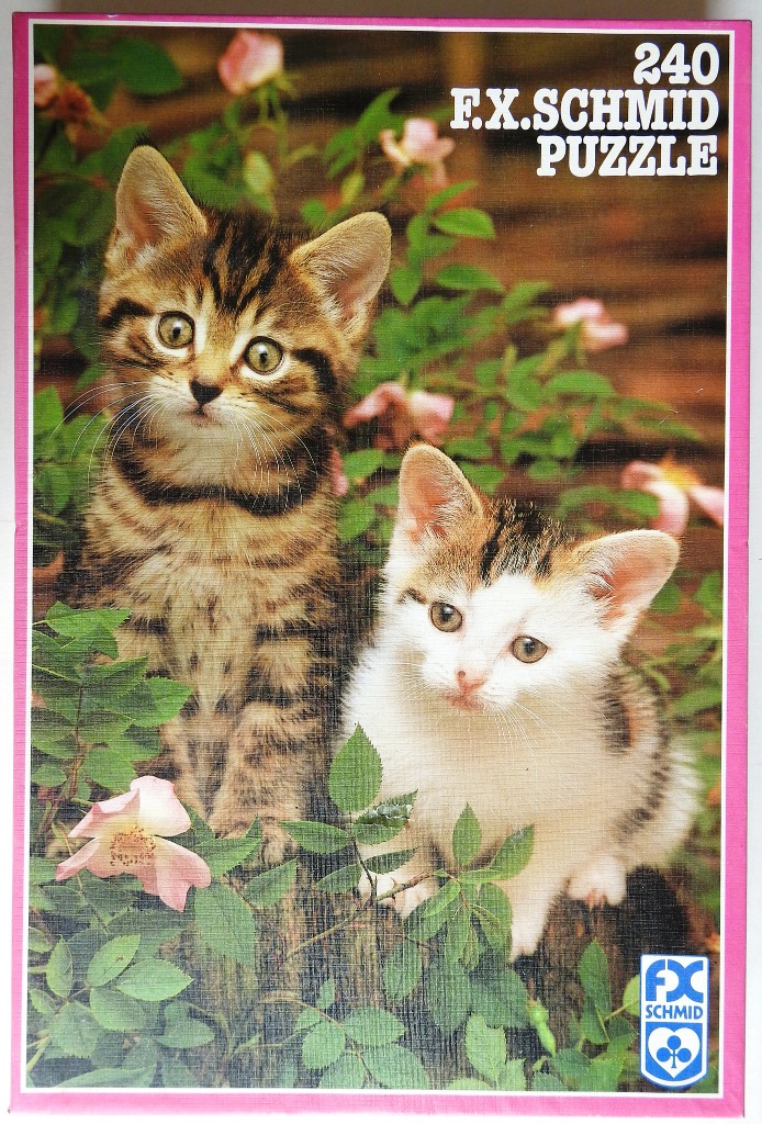 Two kittens, one tabby and one calico, sitting in a garden with pink flowers.