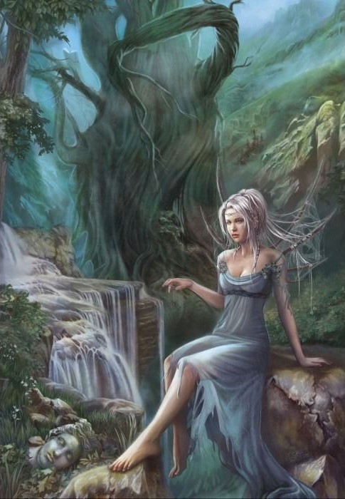 A fair-skinned woman with long silver hair and delicate wings sitting on a rock near a waterfall in a misty forest.