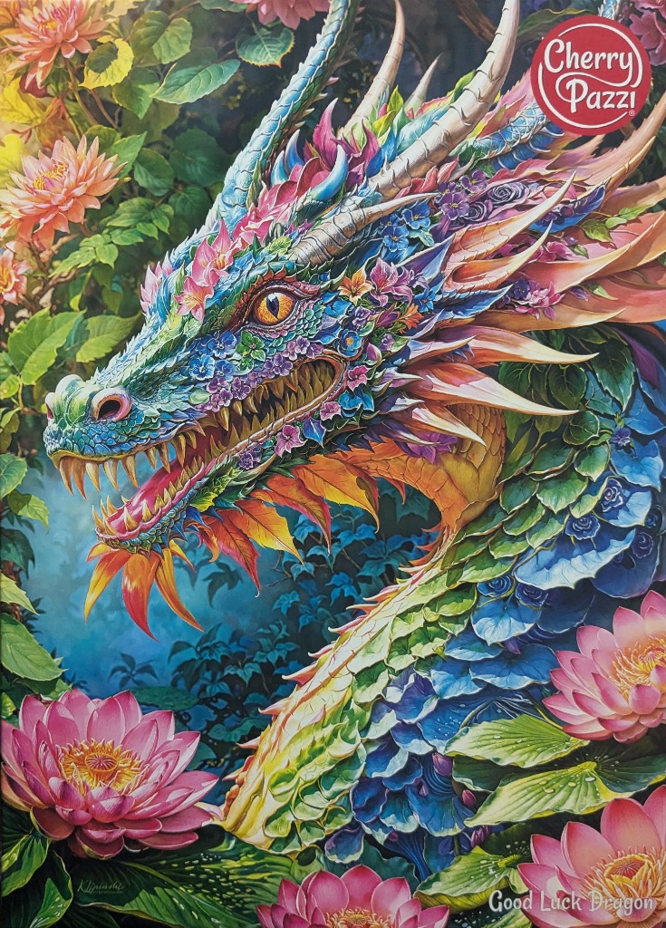 A close-up illustration of a mythical dragon with scales and features made of vibrant flowers and leaves.