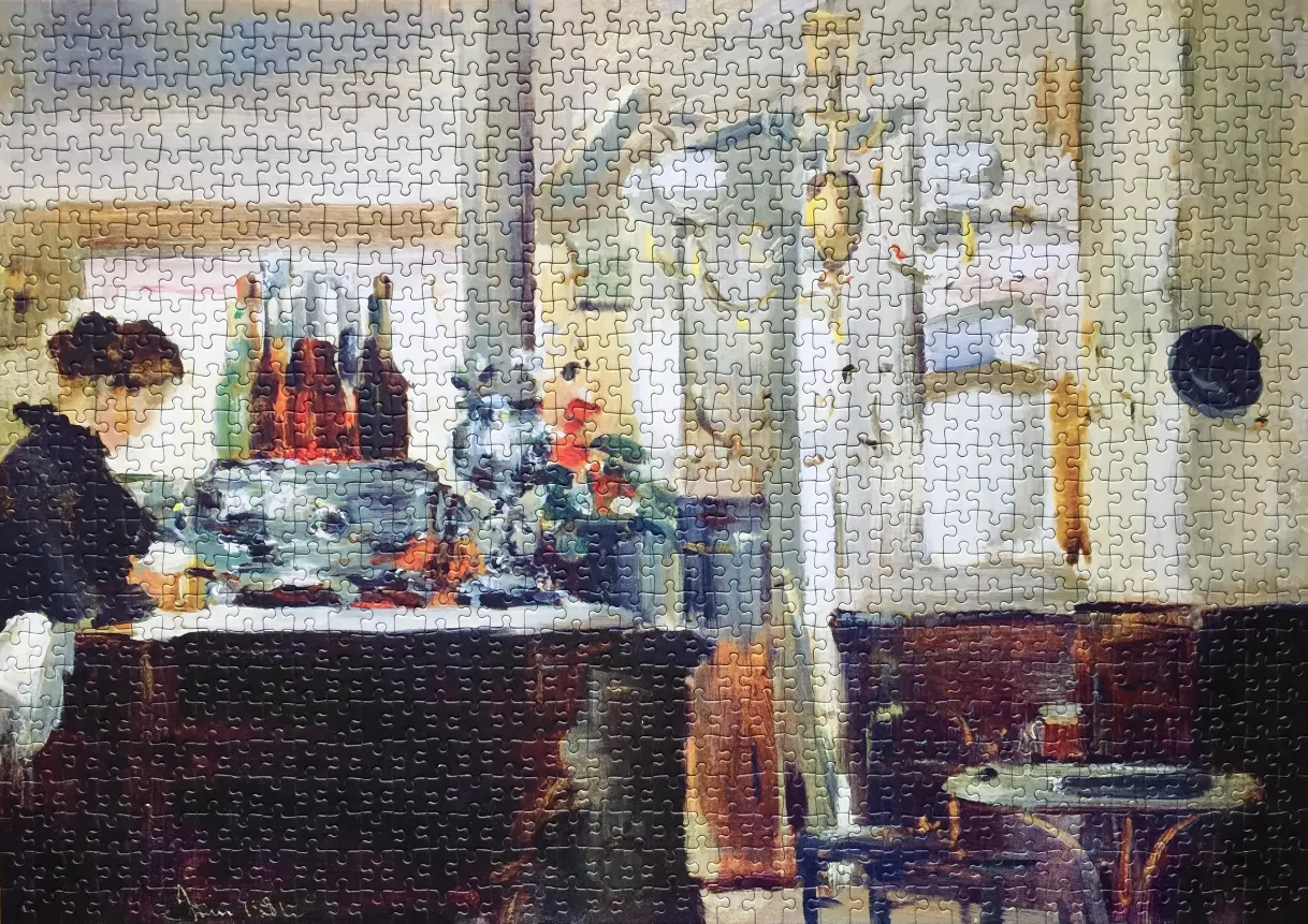 Impressionistic oil painting of a woman standing at a café bar.