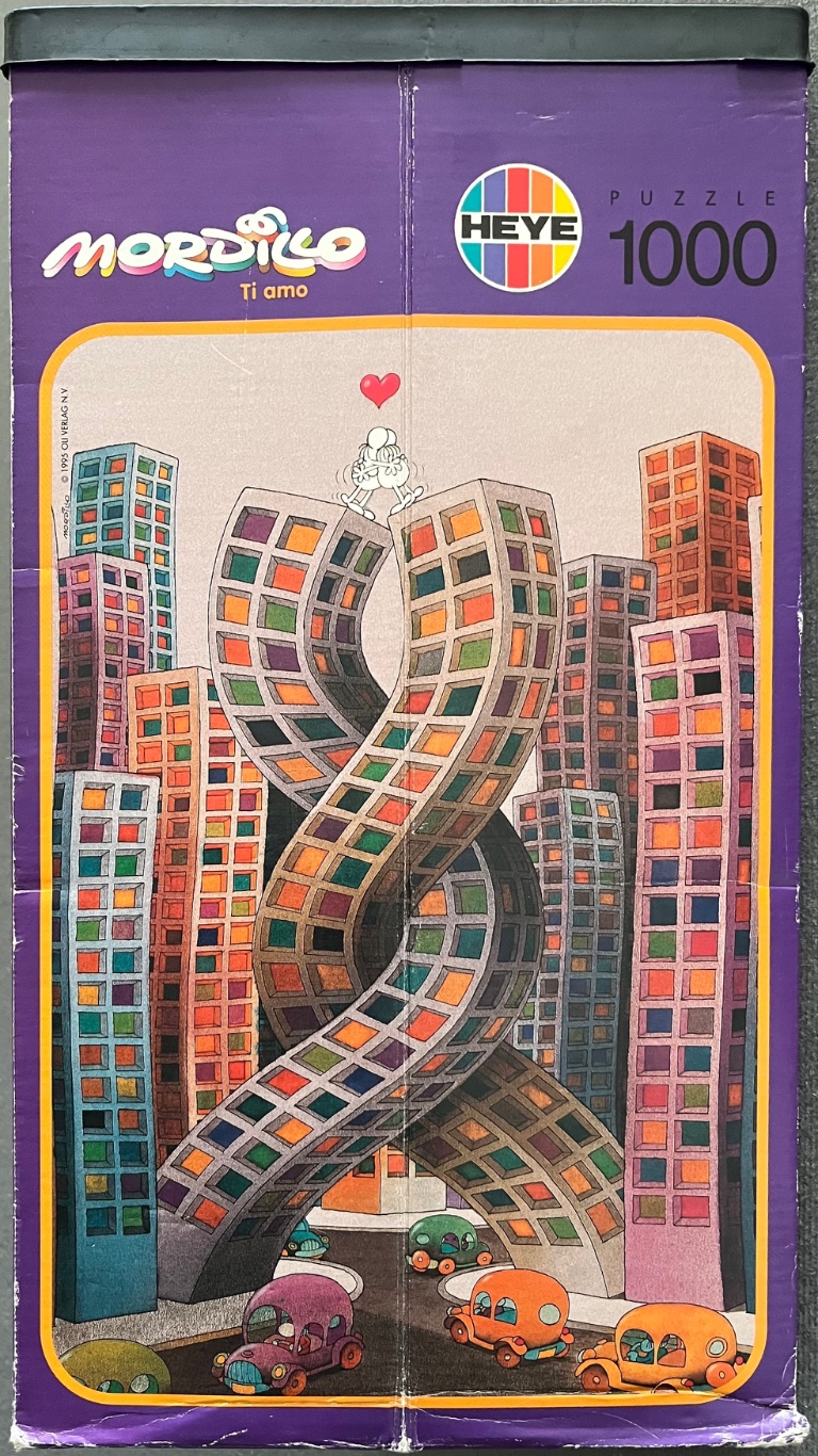 Cartoon illustration of a couple hugging atop two skyscrapers twisted into a knot, surrounded by colorful buildings and cars.