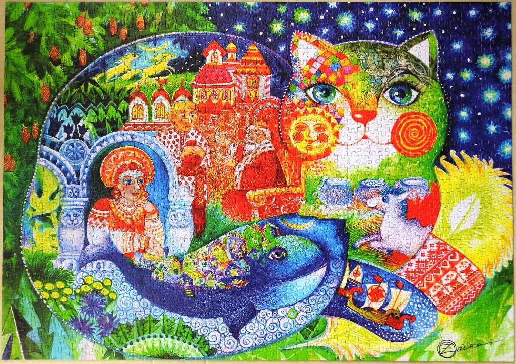 A whimsical illustration of a folk-art style cat filled with scenes of Russian folktales, against a starry night sky.