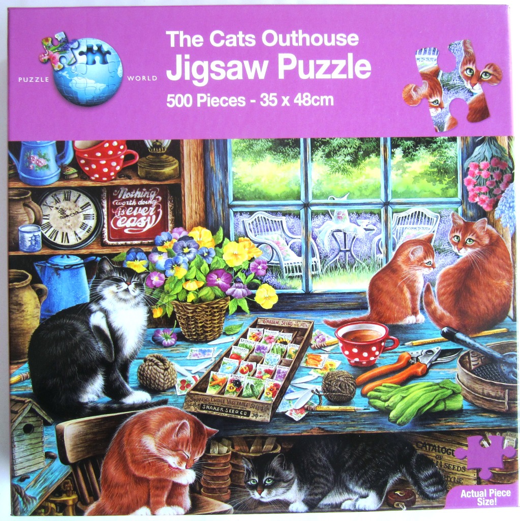 Illustration of cats in a rustic garden shed with gardening tools, seed packets, and flowers.