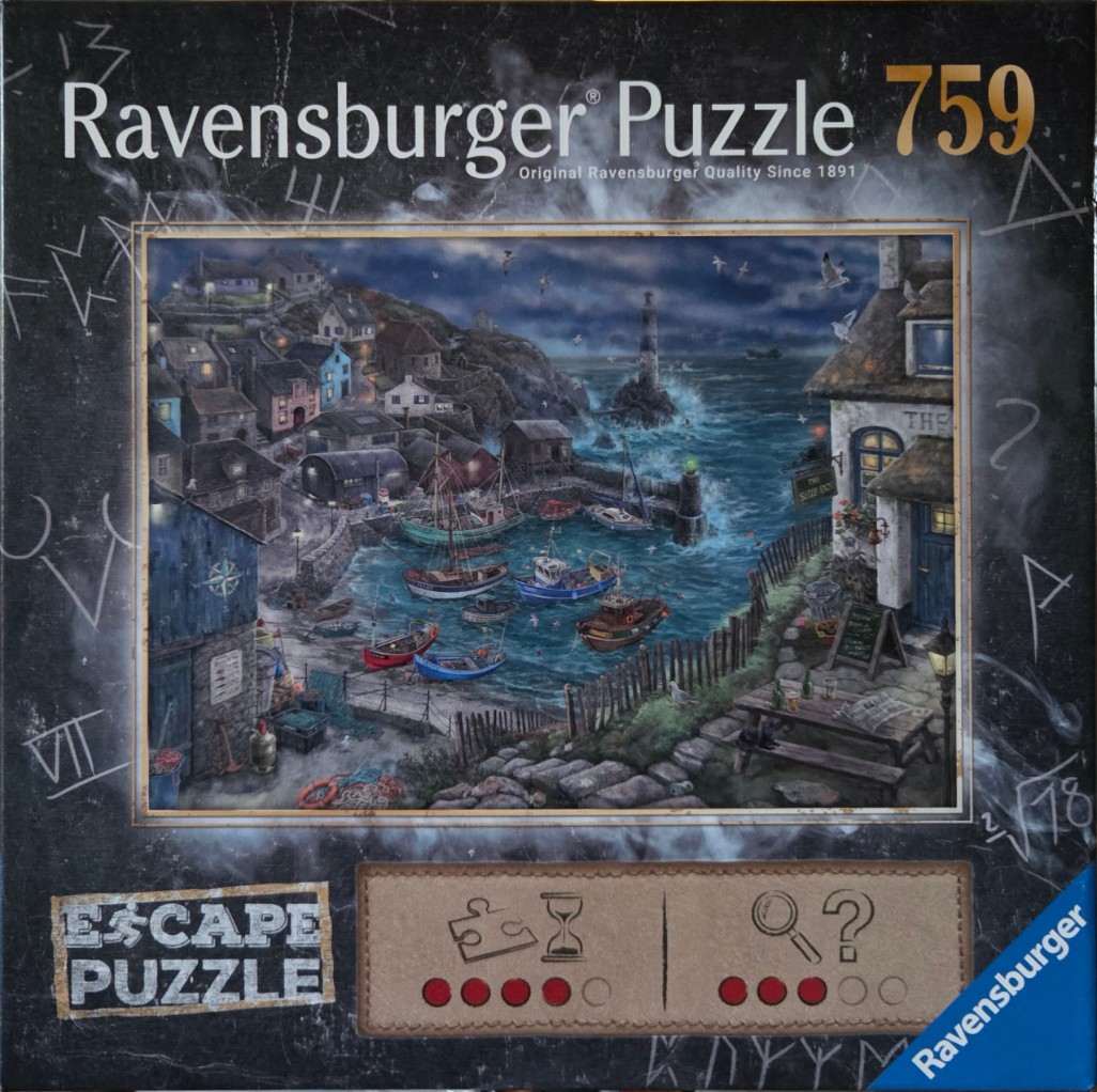 A moonlit coastal village scene with a harbor, fishing boats, and a lighthouse under a stormy sky.