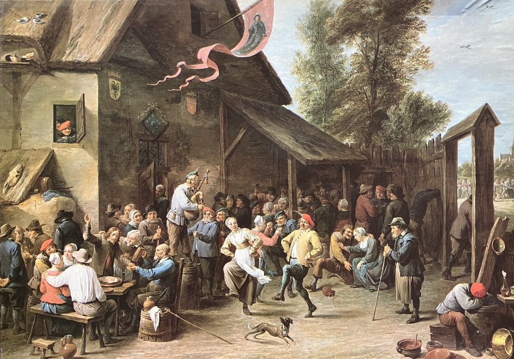 An 18th-century style oil painting of a lively outdoor tavern scene with peasants dancing, drinking, and playing music.