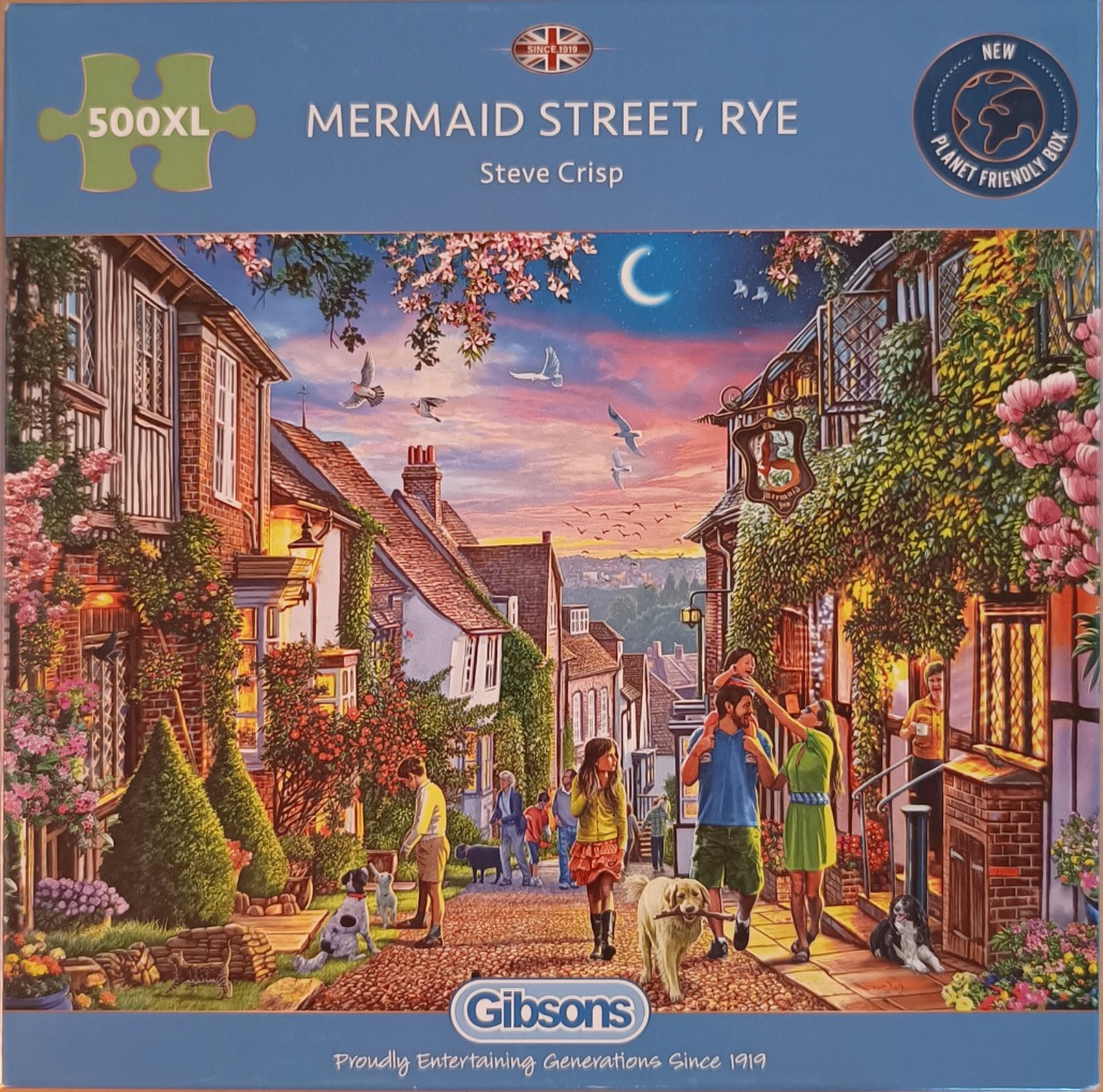 An illustration of a picturesque, hilly cobblestone street in Rye, England, at twilight with families and dogs.