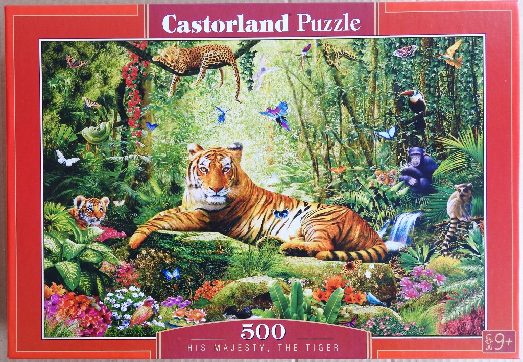 A majestic tiger resting on a mossy rock in a vibrant, wildlife-filled jungle scene.