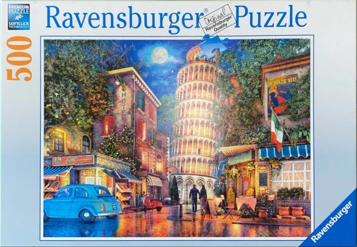 A romantic evening street scene in Italy featuring the Leaning Tower of Pisa under a full moon.