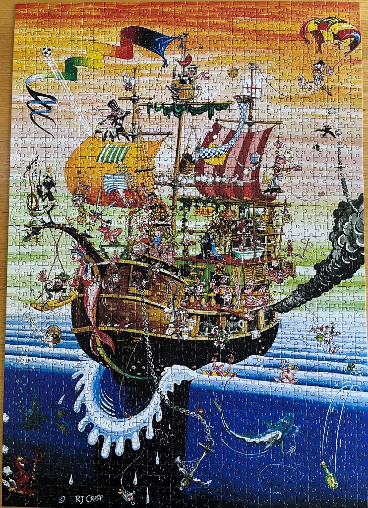 A whimsical cartoon ship filled with eccentric characters sailing through a vibrant sunset sky and deep blue ocean.