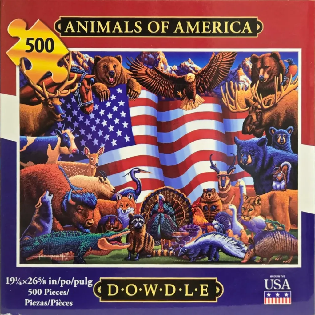 A collage of various North American animals arranged in front of a large American flag.