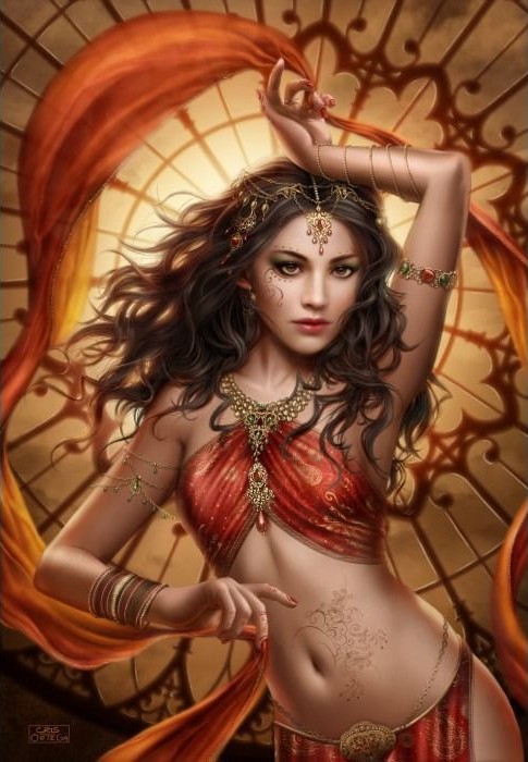 Digital fantasy illustration of a woman in traditional-inspired attire with flowing orange fabric against a golden lattice.