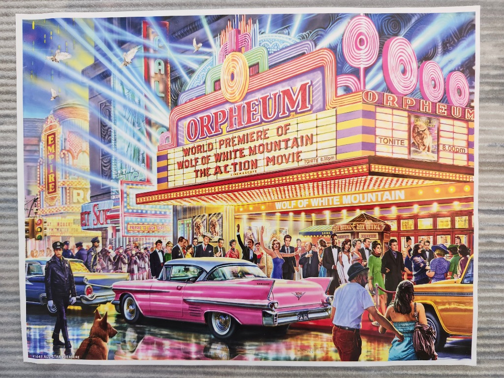 A lively 1950s cinema premiere scene with a pink Cadillac in front of the Orpheum theater.