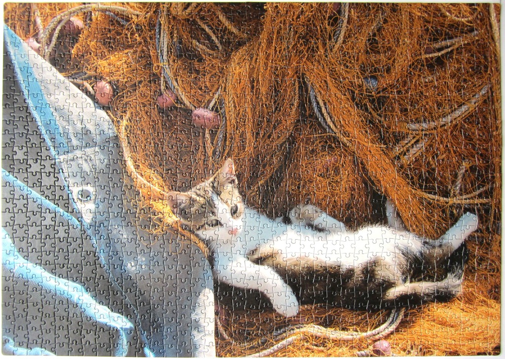 A small kitten resting on a large pile of tangled brown fishing nets next to a blue patterned object.