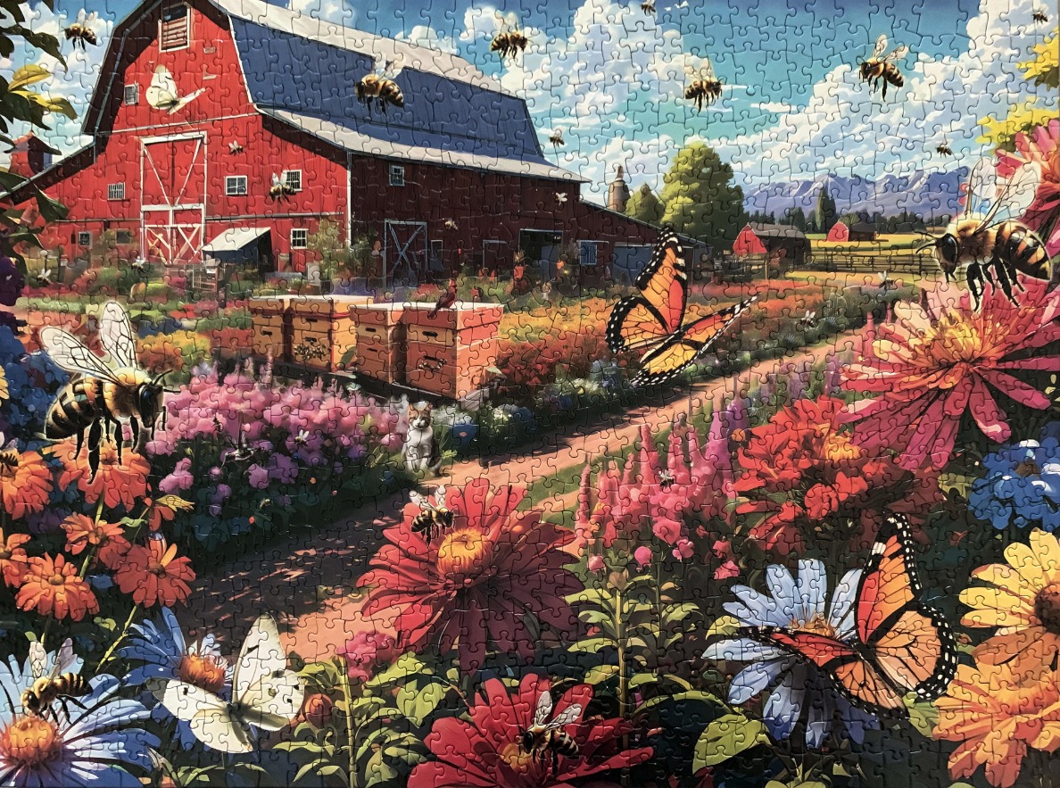 A vibrant rural scene featuring a red barn, overflowing flower gardens, monarch butterflies, and many honeybees.