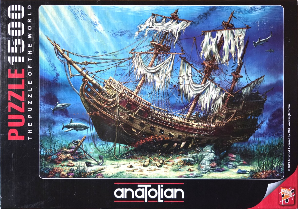 A sunken, derelict wooden sailing ship resting on the ocean floor surrounded by sharks and coral reefs.