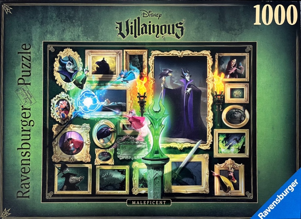 A collection of ornate framed portraits depicting scenes and characters from the story of Maleficent.