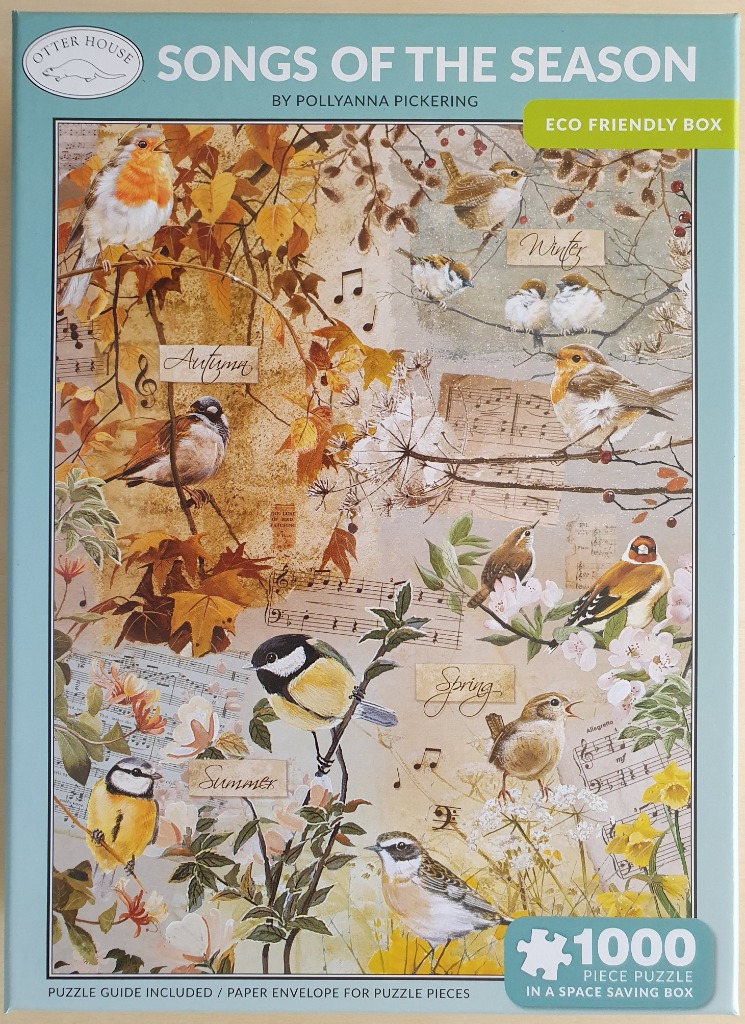 Illustration of various garden birds set against seasonal foliage and musical notation.