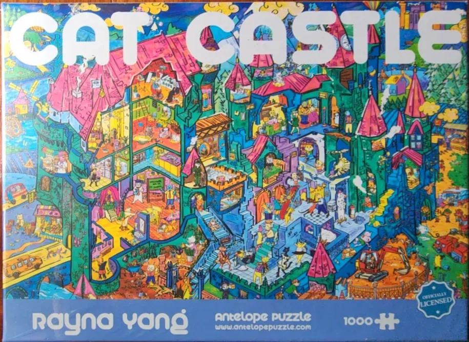 Illustration of a multi-story, intricate castle filled with anthropomorphic cats engaging in various activities.