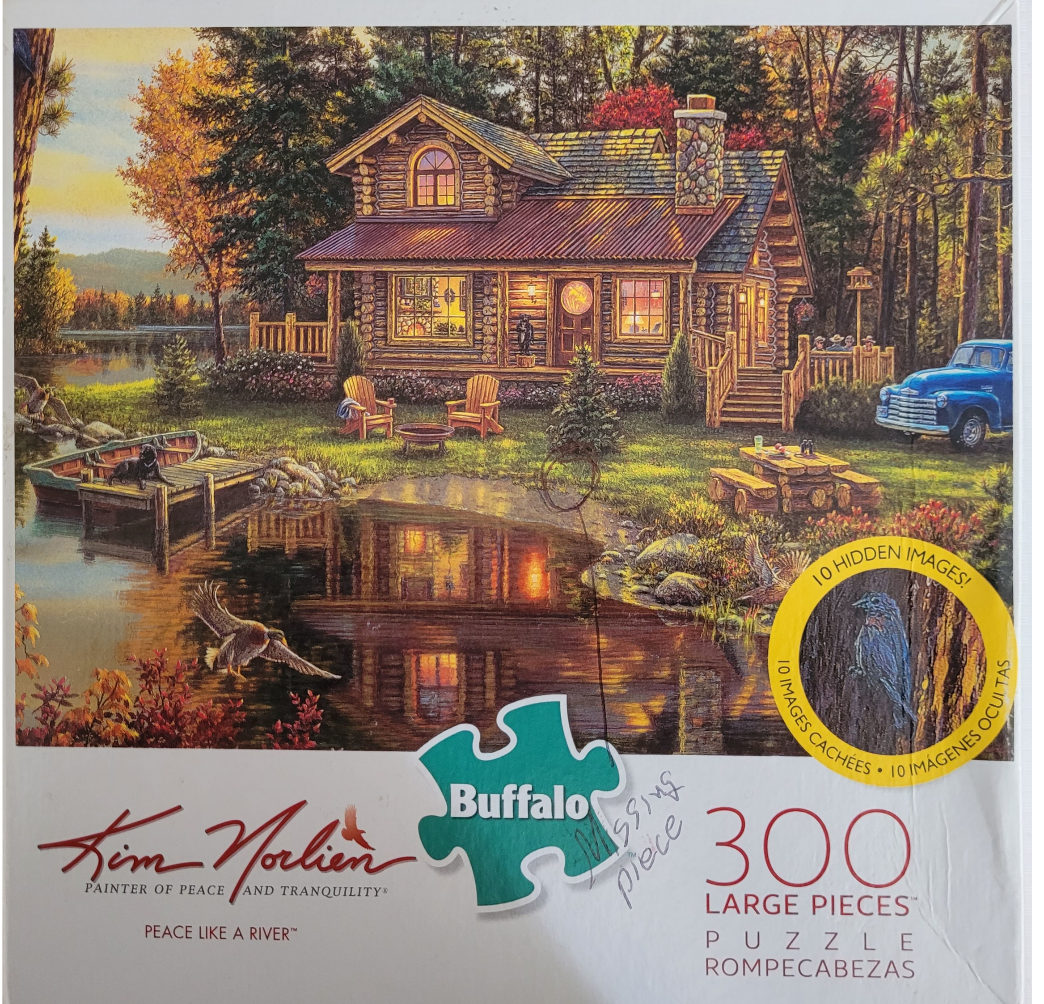 A cozy log cabin nestled by a calm lake in an autumnal forest at dusk.